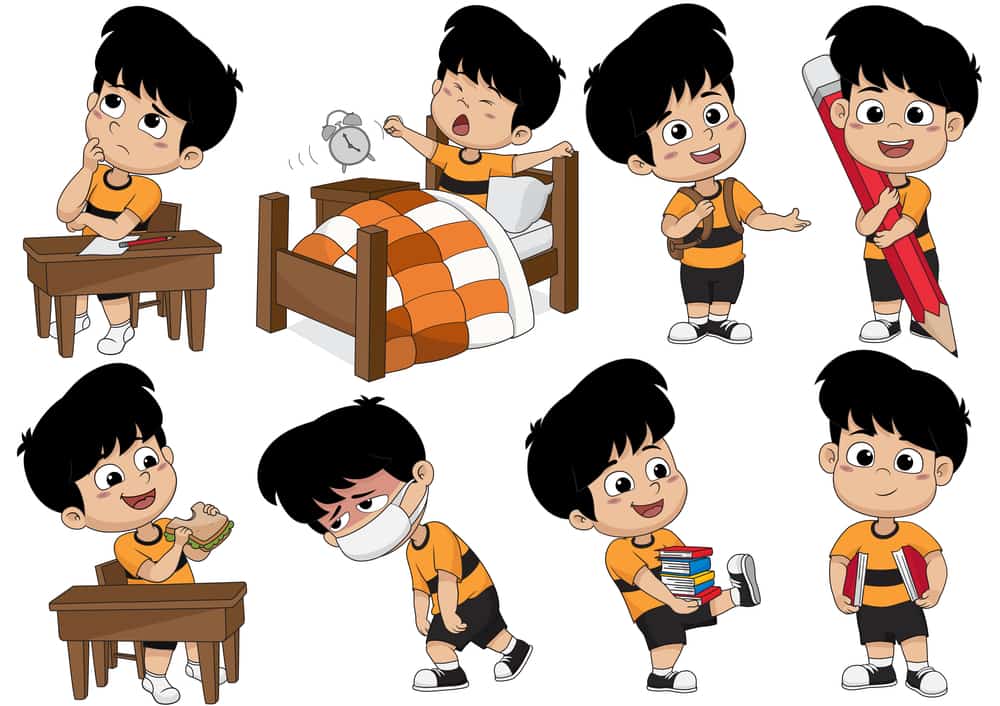 Set of kid activity,kid think,wake up,holding a big pencil,eat sandwich,sick,holding a book. Vector and illustration.